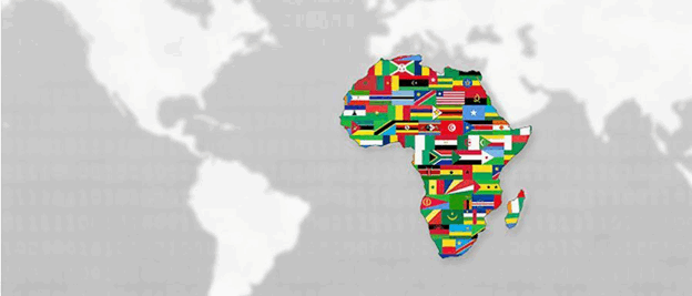 A colorful map of Africa against a greyscale map
