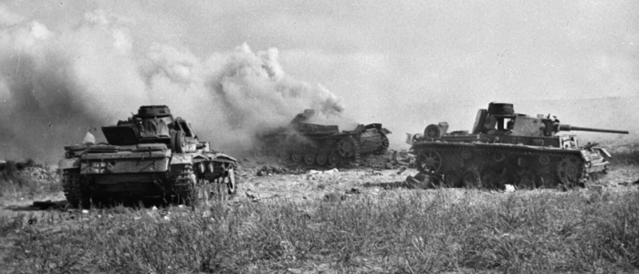 Black and white Photo of tanks